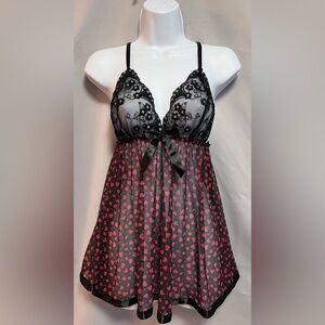 Red & Black Hearts Sheer Babydoll Chemise Lingerie Women’s Size Small‎